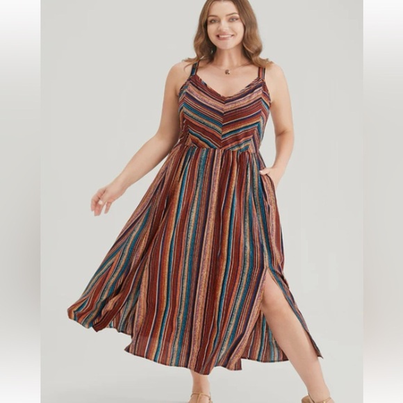 BloomChic Plus Size Striped Contrast Pocket Split Ruffle Hem Dress - Picture 1 of 3